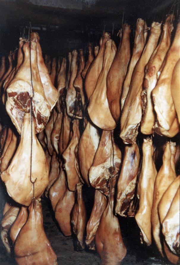 Bacon sides and hams hanging in the smokig room - 1950s EJW photo RTRL
